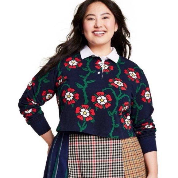 Rowing Blazers Dresses & Skirts - Rowing Blazers x Target Collab Rose Print Navy Blue Collared Rugby Shirt size 2X